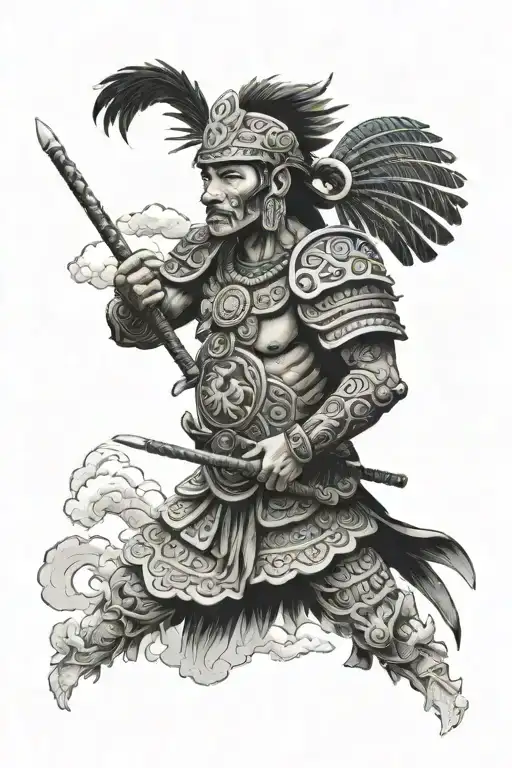 Aztec warrior with Japanese clouds tattoo design idea