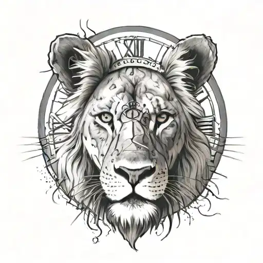 Tattoo of a lion's face seen from the front, with half a clock overhanging it on the face (cracks) and showing 1:20 pm.  tattoo design idea