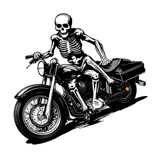 Illustration in old school or traditional style, about a skeleton enjoying his trip on a classic motorcycle tattoo design idea