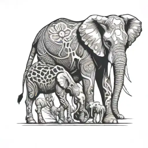 Create an image of a giraffe, elephant and piglet for a black and white tattoo. Make it minimalistic and unique.  tattoo design idea