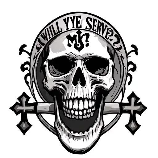 skull with jaw open with the words will ye serve? in it with 2 crosses going through it tattoo design idea