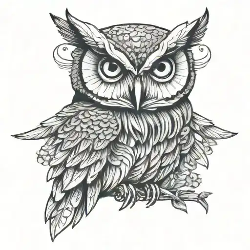 owl wings spread wide with cat face under breast tattoo design idea