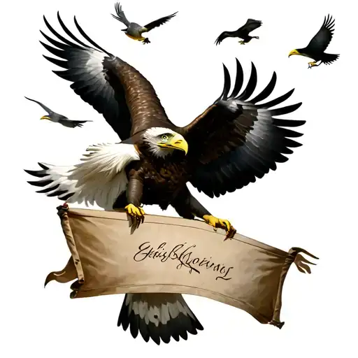 eagle holding a banner and being attacked by smaller birds tattoo design idea