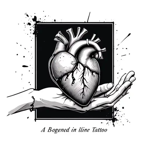 A woman's hand holds a juicy and bleeding human heart. Above the motif is written as a three-liner in slightly misunderstood tattoo design idea
