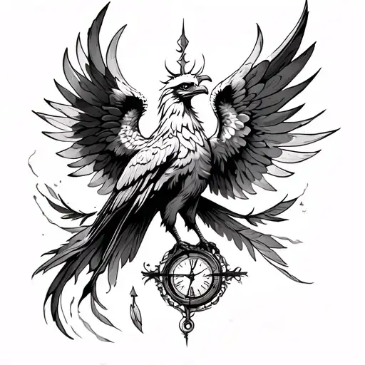 a phoenix from the front, in black and white with its wings outstretched, a compass and a clock and a falling feather tattoo design idea