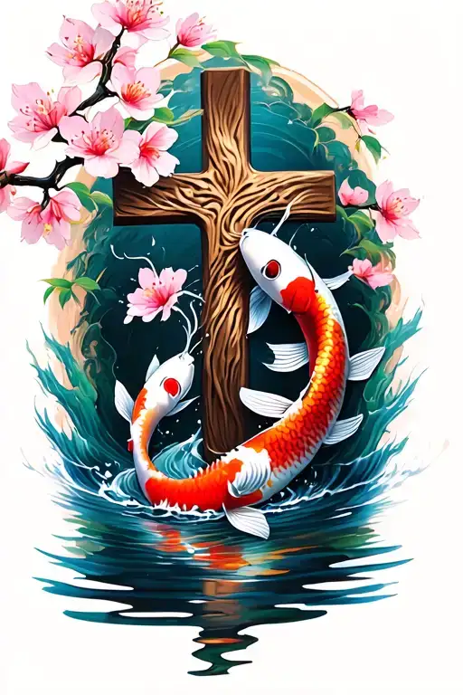 cross surrounded by cherry blossoms and two koi fish swimming upstream tattoo design idea