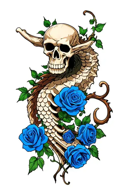 Whitebeard Jolly Roger, vines along the bones that stem into blue roses, below the horizontal bone I want dragon scales tattoo design idea