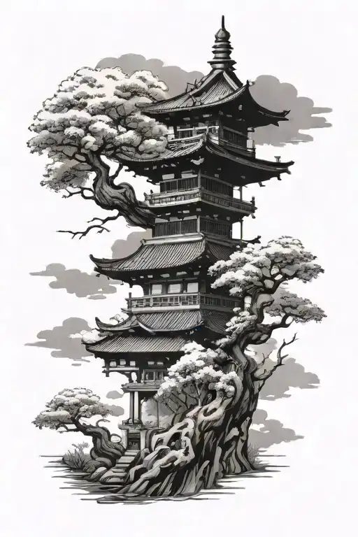 a tattoo sleve style japanese. It sould include a dragon, clouds or sea,and a very small old japanese temple in the bakc tattoo design idea
