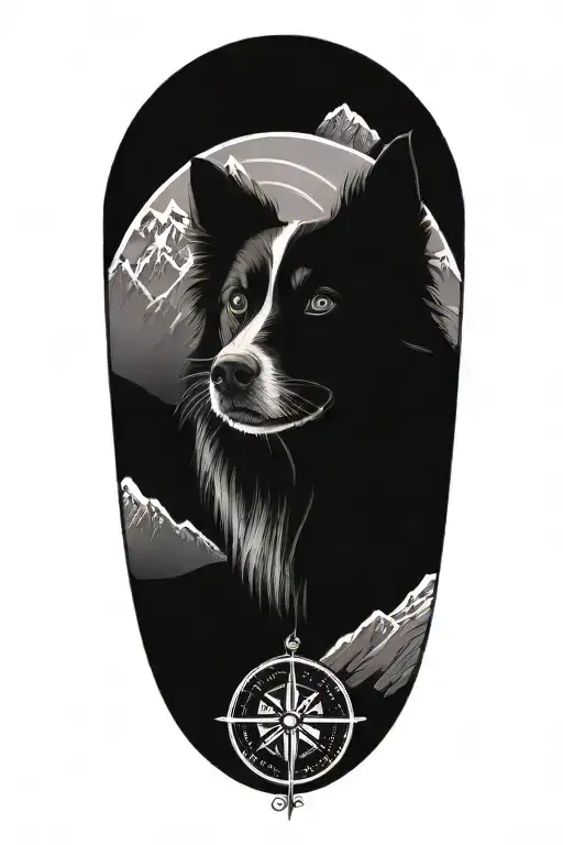 compass border collie face portrait mountain scene tattoo design idea