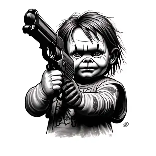 chucky doll with gun tattoo design idea