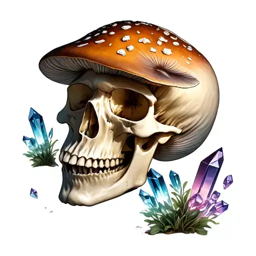 mushrooms and crystals on a skull tattoo design idea