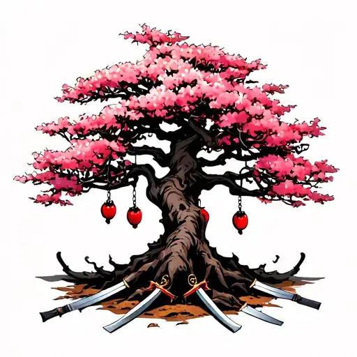 A sakura tree with devil fruits from one piece hanging off it. Three swords on the bottom of the tree on the ground. And tattoo design idea