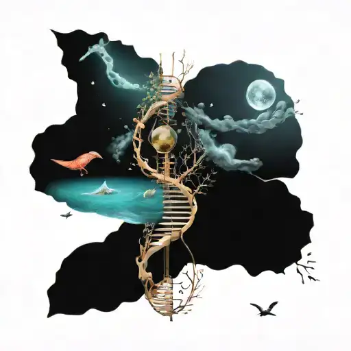  concept of life progression, starting from the serene sea, rising over majestic with dna helix and cosmic symbols tattoo design idea