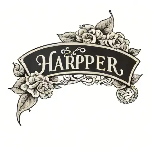 Harper name written with Flowers and gems scattered tattoo design idea