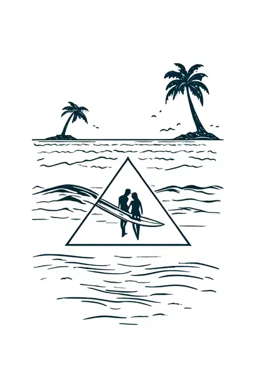 beach scene with palm trees wave triangle couples surf tattoo design idea