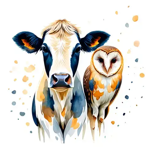 cow and barn owl tattoo design idea