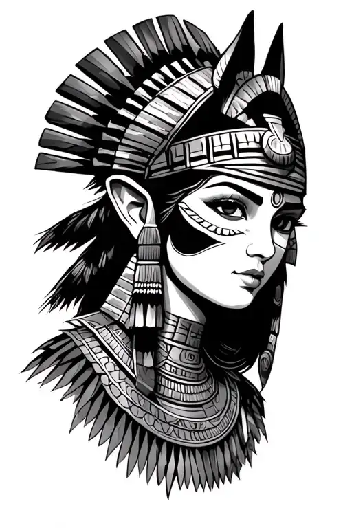Aztec Warrior Girl With Technology With Egyptian God Anubis, Inka Symbolism, All Seing Eye tattoo design idea
