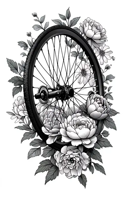 a mountain bike wheel intertwined with peonies and ranunculus flowers in an engineering theme tattoo design idea