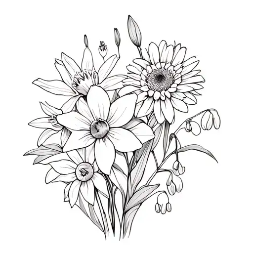 sketch of a narcissus flower and a Lilly of the valley flower and a chrysanthemum and a aster flower all in a bouquet. tattoo design idea