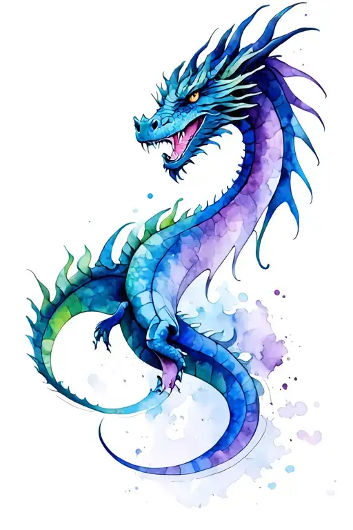 dragon with blue, purple, green and cyan colors  tattoo design idea