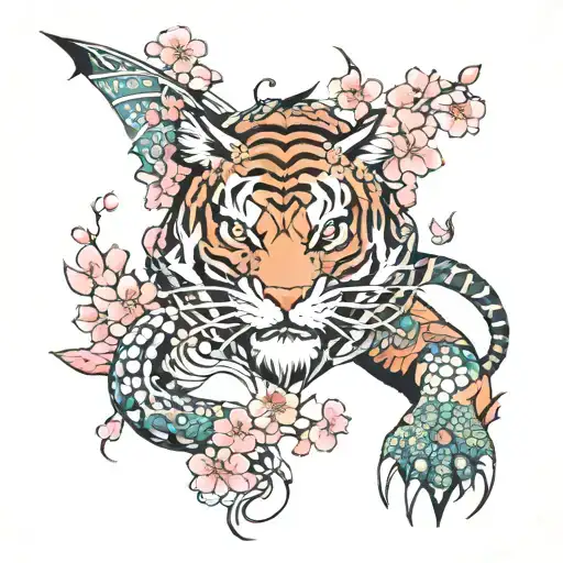 dragon with cherry blossoms and a tiger walking tattoo design idea