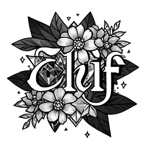 In the back down name at the Elif Center with stars and diamond flowers tattoo design idea
