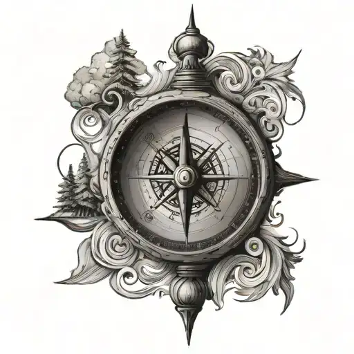 A stylized compass, whose interior lines take the form of waves or hills recalling geography tattoo design idea
