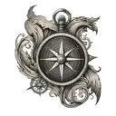 A stylized compass, whose interior lines take the form of waves or hills recalling geography tattoo design idea