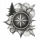 A stylized compass, whose interior lines take the form of waves or hills recalling geography tattoo design idea