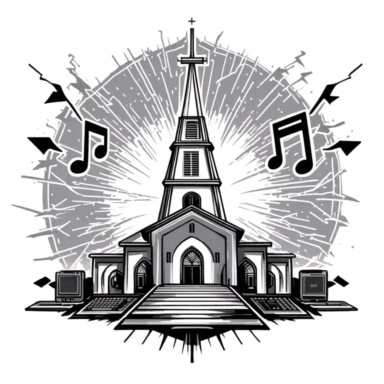 iglesia ni cristo church with music symbol, radio tower with lightnings, computer stuffs design with geometric all over tattoo design idea