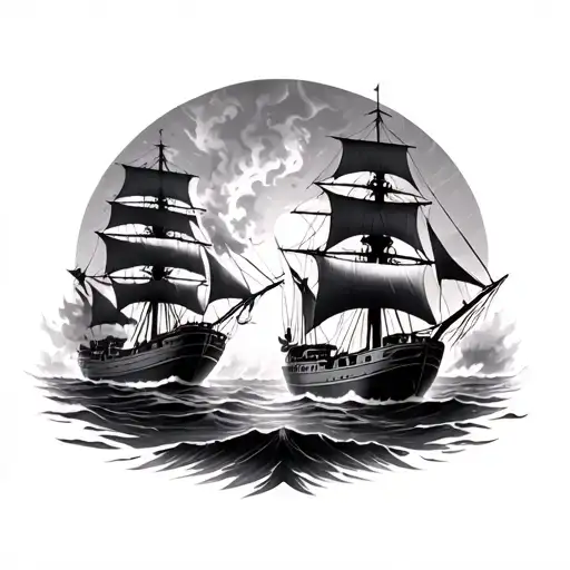 oasis surrounded by burning ships sailing towards each other tattoo design idea