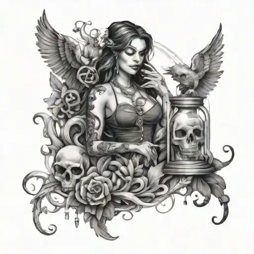 Tattoo sketch with a girl holding an hourglass with skulls of people and animals instead of sand, vines and snakes aroun tattoo design idea