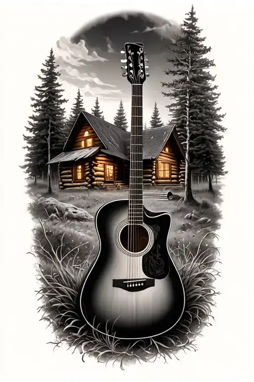accoustic guitar surrounded by log cabin scene  tattoo design idea