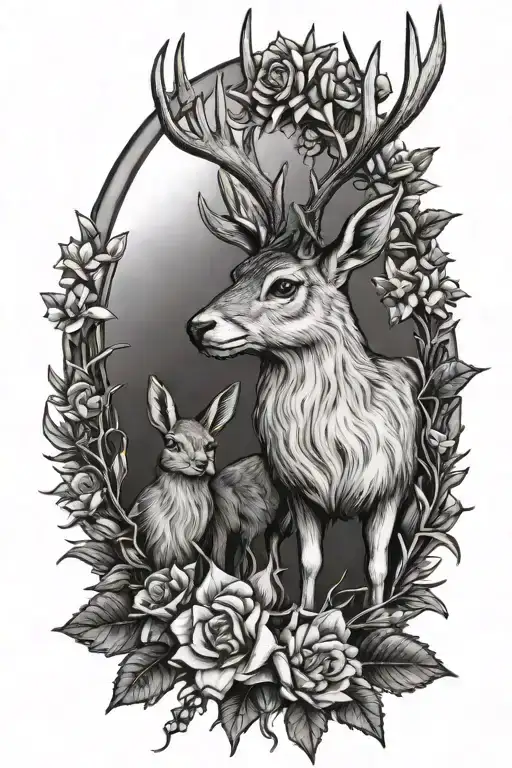 a crown of holly and narcissus flowers on a jackalope tattoo design idea