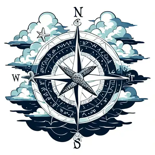 compass with clouds surrounding turtle and starfish tattoo design idea