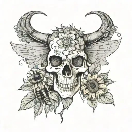 Sunflowers and bees with a long horn skull  tattoo design idea