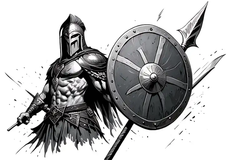 spartan with shield and spear, shrouding, aggressive, killer eye, half body, tattoo design idea