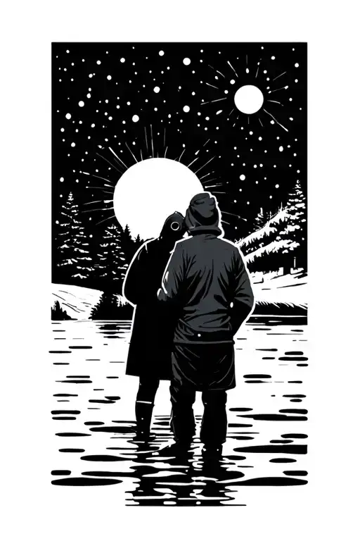 mid century outdoor setting water Sun snow geometric tattoo design idea