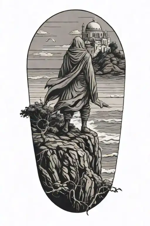 A hooded cultist walking along a cliff, with ocean in background, isolated island with a monastery tattoo design idea