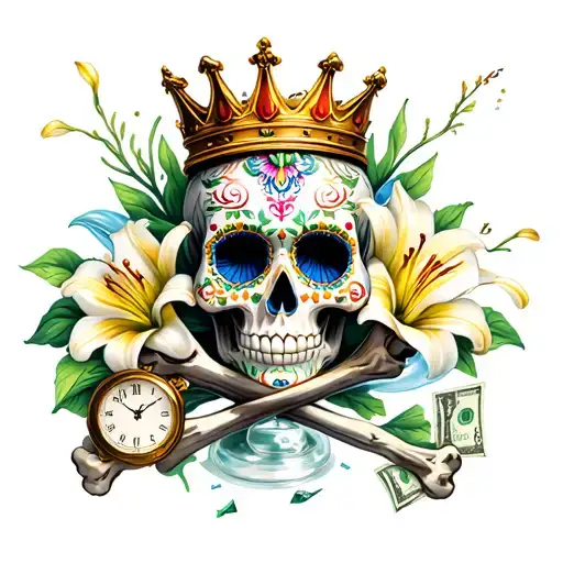 sugar skull with crown surrounded by lilies and broken crossbones and hour glass with time piece and money  tattoo design idea