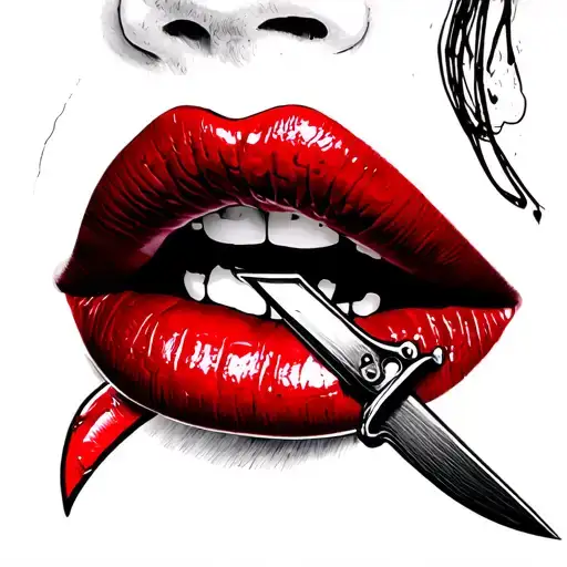 red lip and a knife pierced on the lip print tattoo design idea