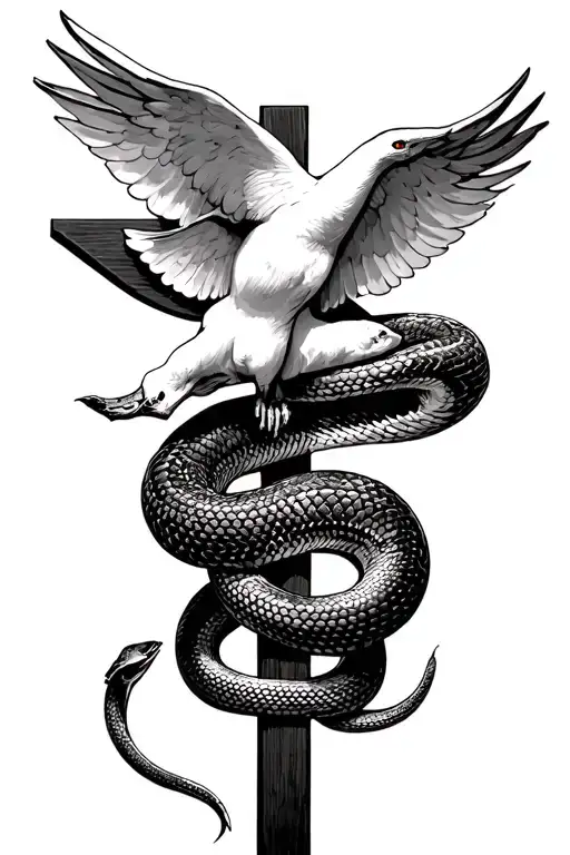 dove facing backwards as the top of a crucifix, then a snake coiled from bottom for make rest of the crucifix  tattoo design idea