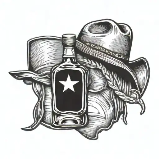 A Texas state outline with a whiskey bottle and a cowboy hat, representing the client's love for Texas, whiskey, and country lifestyle tattoo design idea