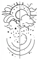 sun and clouds on top half of sleeve and moon and stars below tattoo design idea