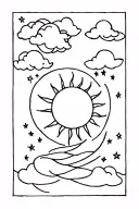 sun and clouds on top half of sleeve and moon and stars below tattoo design idea