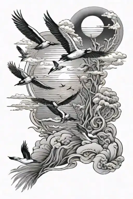 arm sleeve of sunrise beach scene, with pelicans and helicopters flying  tattoo design idea