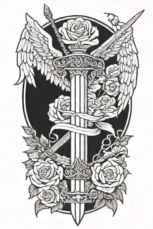 angel wings behind sword, roses tattoo design idea