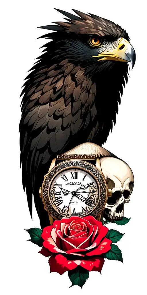 face of phillipine eagle, skull and rose interwined, classic watch and rosary tattoo design idea