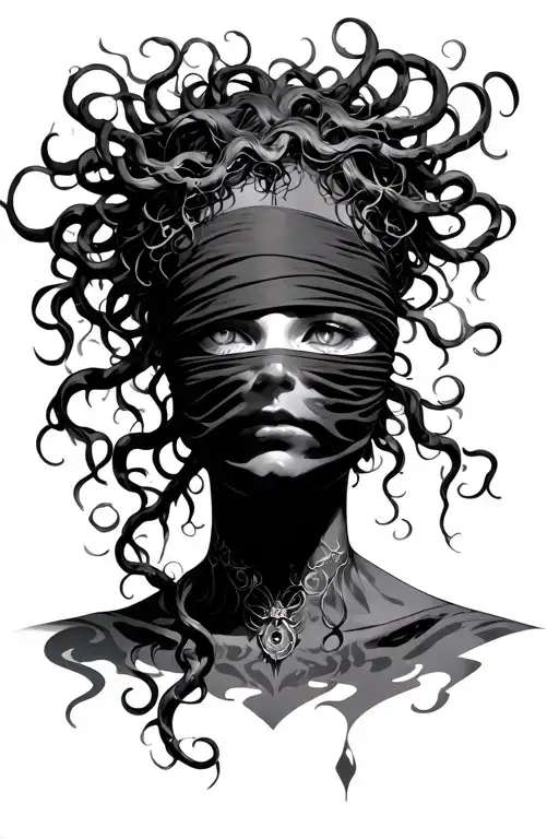 medusa with a slighty fallen blindfold and one eye peaking  tattoo design idea