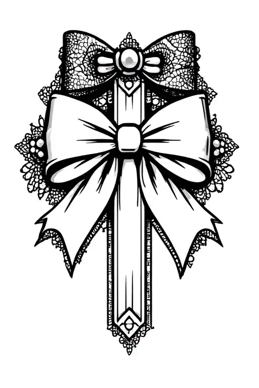 lace bow with pearls over a crusufix style cross with cyber cigilism  tattoo design idea